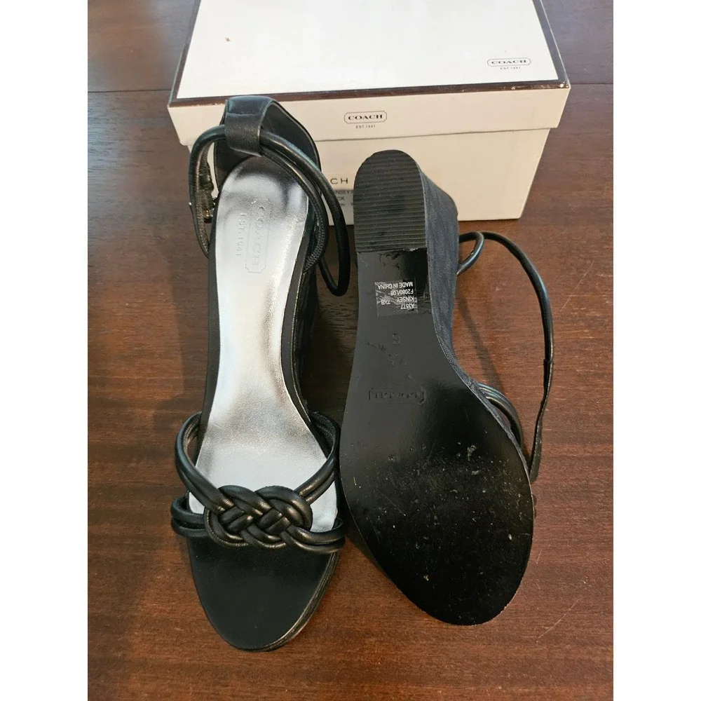 Coach Kinsey Soft Nappa Wedge Sandals Womens 7.5 Black Signature Jacquard A3577